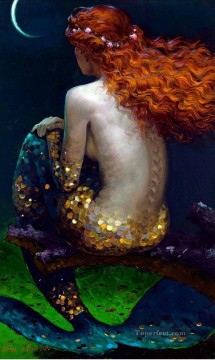  Meerjungfrau Kunst - Victor Nizovtsev 1965 Russisch Meerjungfrau unter Mond Fantasie